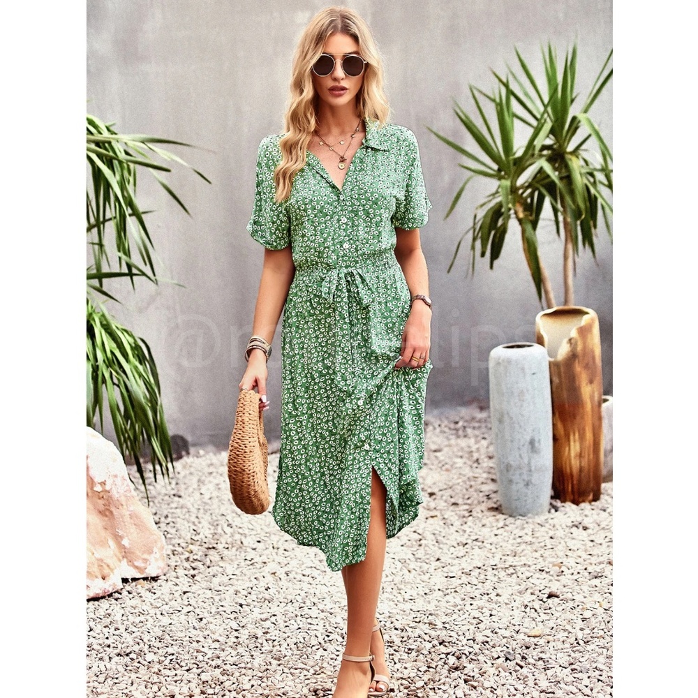 Green Floral Print Midi Dress Button Front V-Neck - Picture 7 of 16